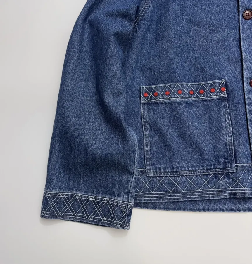 Embroidered Washed Relaxed Denim Jacket in Denim Blue, product view 08
