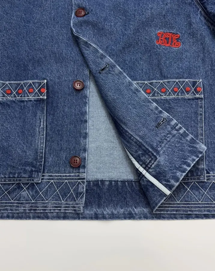 Embroidered Washed Relaxed Denim Jacket in Denim Blue, product view 10