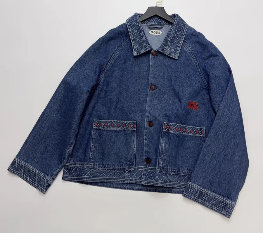 Embroidered Washed Relaxed Denim Jacket in Denim Blue, product view 11