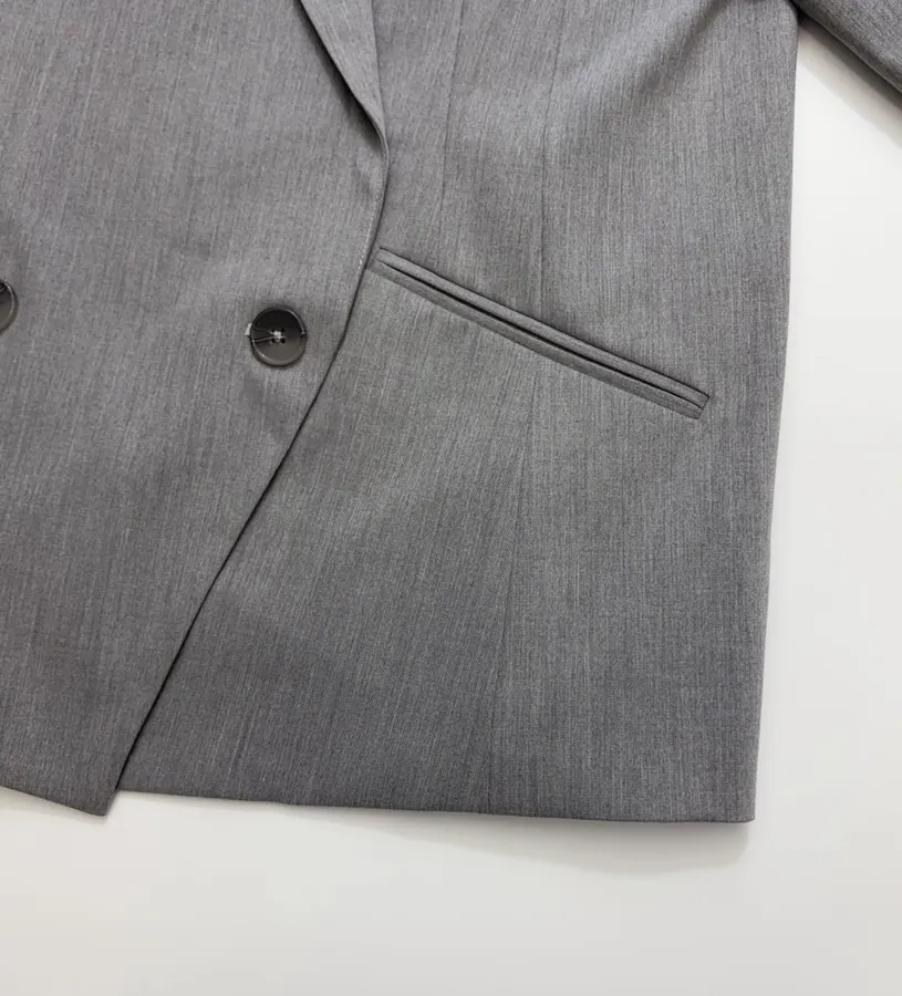Classic Double-Breasted Silhouette Light Gray Thin Padded Shoulder Suit Jacket in Gray, product view 14