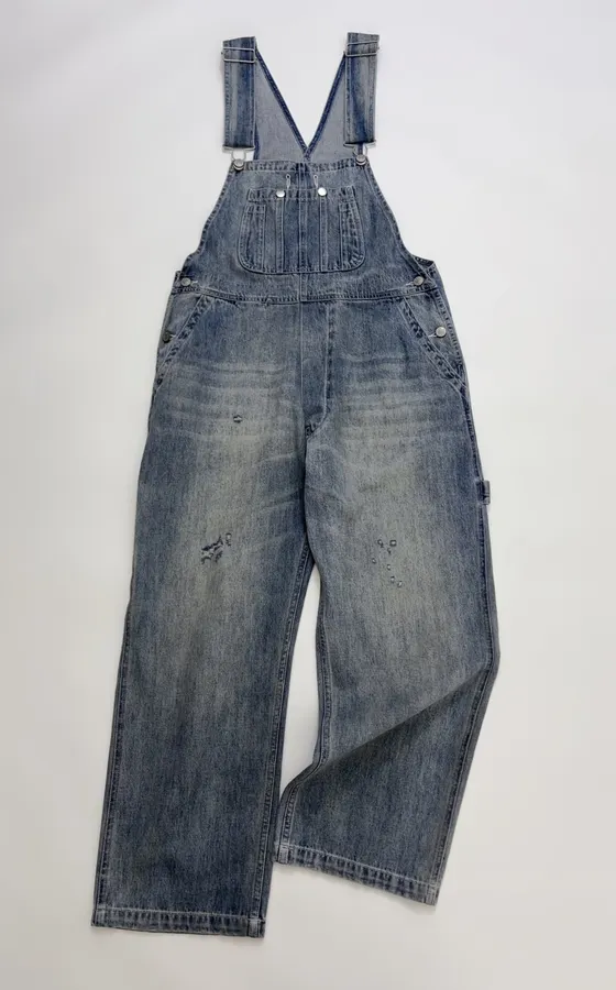 Distressed, Ripped, Loose-Fit Wide-Leg Denim Pants, Suspender Pants in Denim Blue, product view