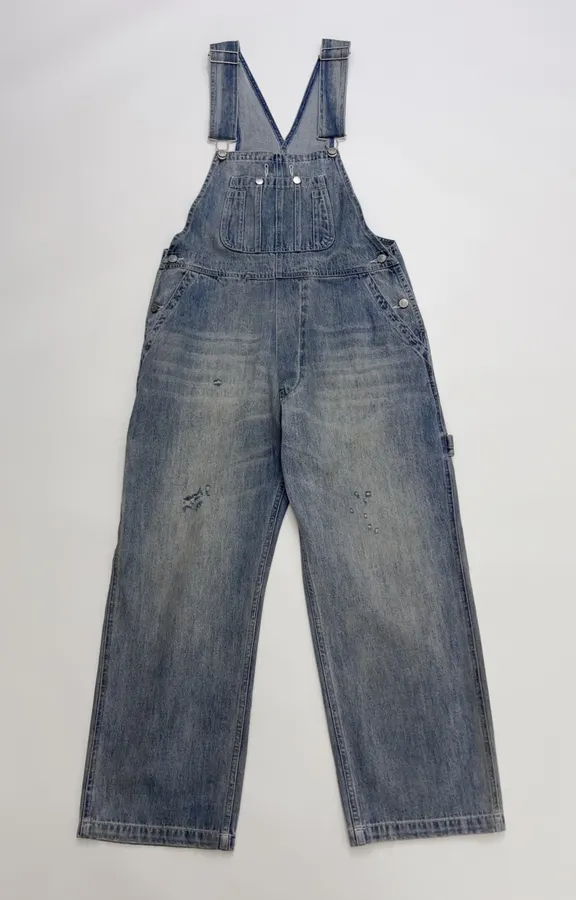 Distressed, Ripped, Loose-Fit Wide-Leg Denim Pants, Suspender Pants in Denim Blue, product view 02