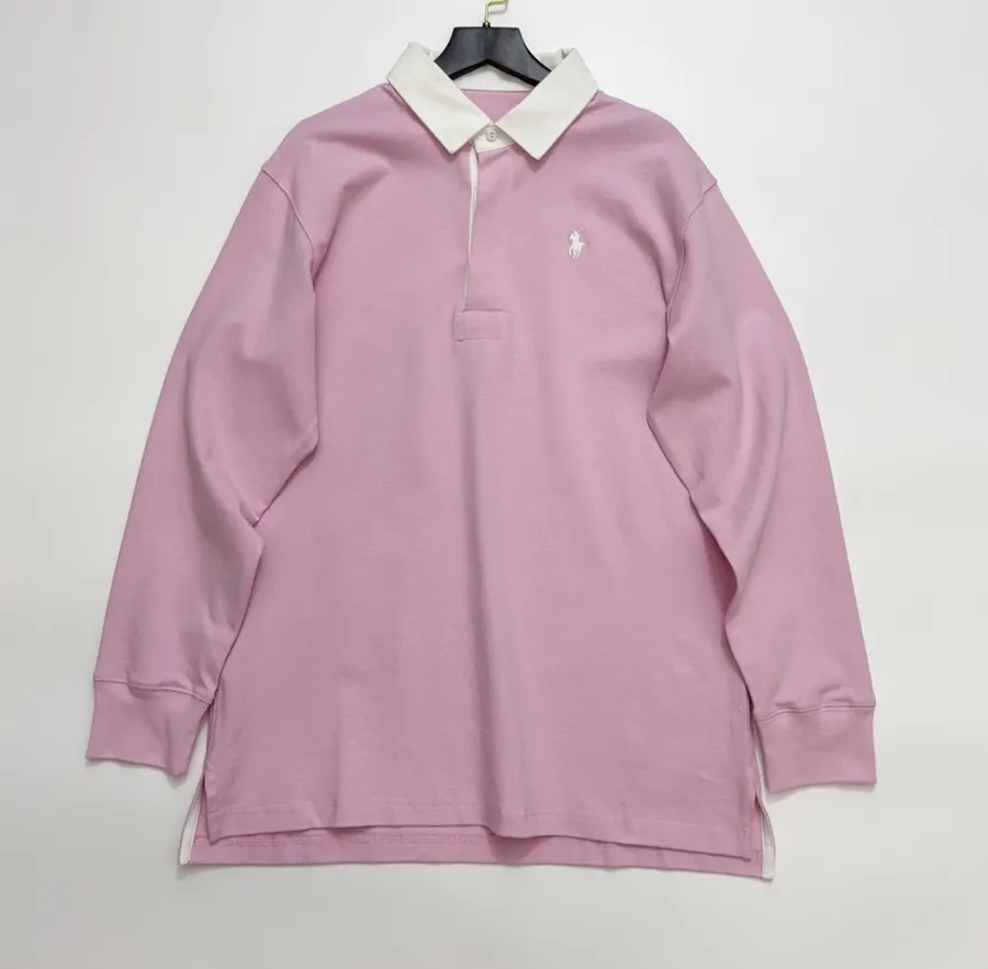 Pink Contrast-Collar Long-Sleeve Polo Sweatshirt in Pink, product view 01