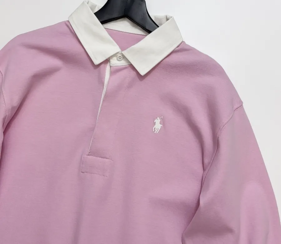 Pink Contrast-Collar Long-Sleeve Polo Sweatshirt in Pink, product view 02