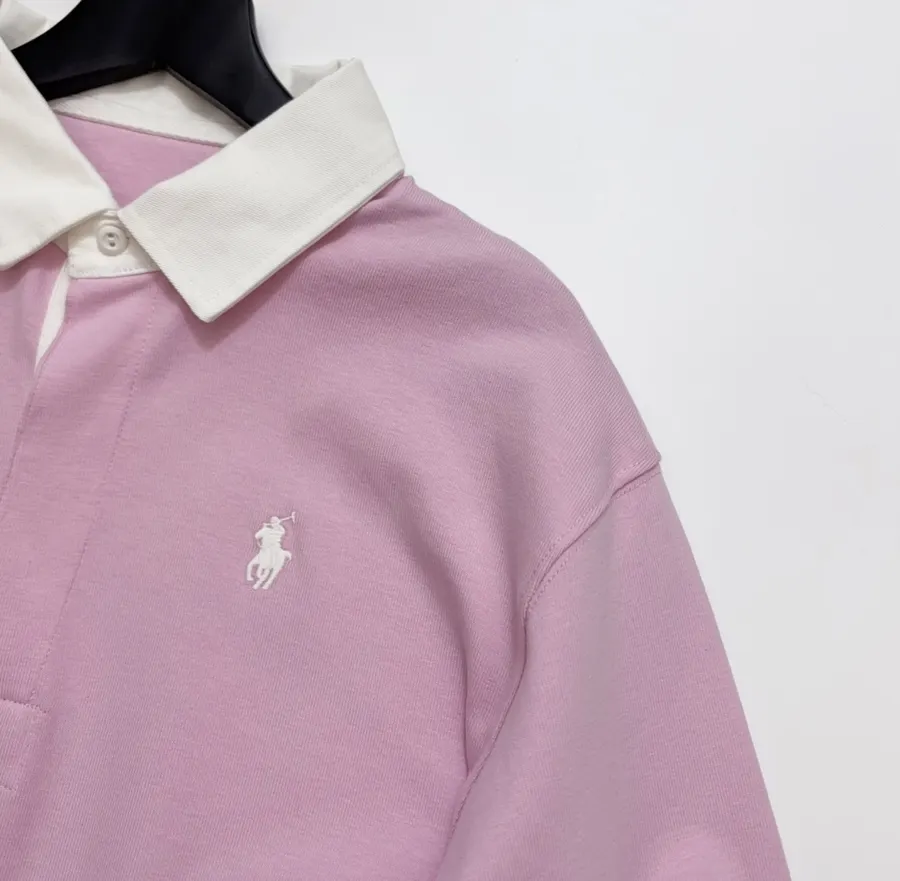 Pink Contrast-Collar Long-Sleeve Polo Sweatshirt in Pink, product view 03