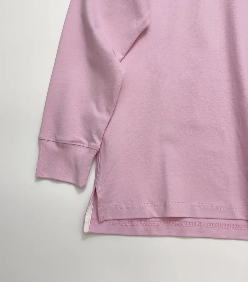 Pink Contrast-Collar Long-Sleeve Polo Sweatshirt in Pink, product view 06