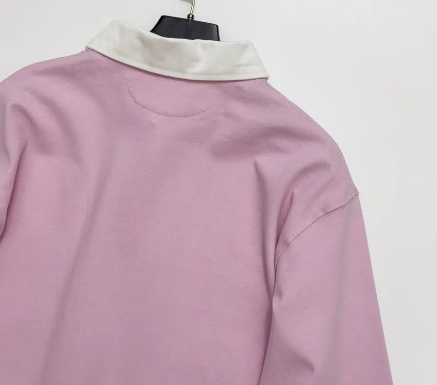 Pink Contrast-Collar Long-Sleeve Polo Sweatshirt in Pink, product view 12