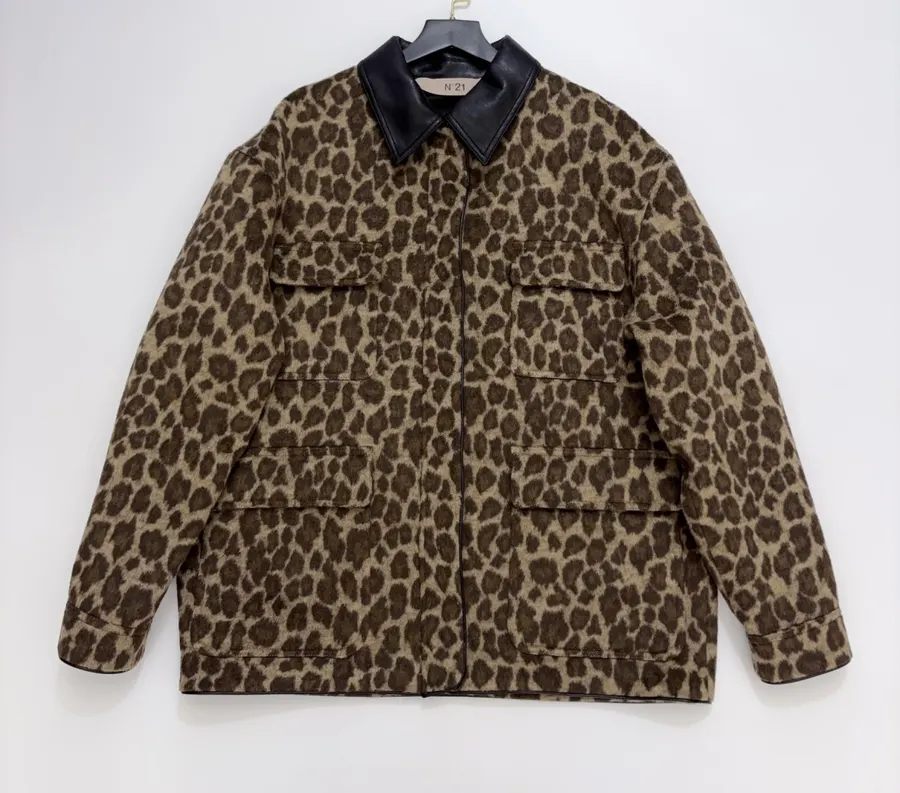 Wool-Blend Multi-Pocket Lapel Zip-Up Jacket in Leopard Brown, product view 01