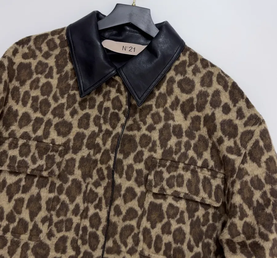 Wool-Blend Multi-Pocket Lapel Zip-Up Jacket in Leopard Brown, product view 02