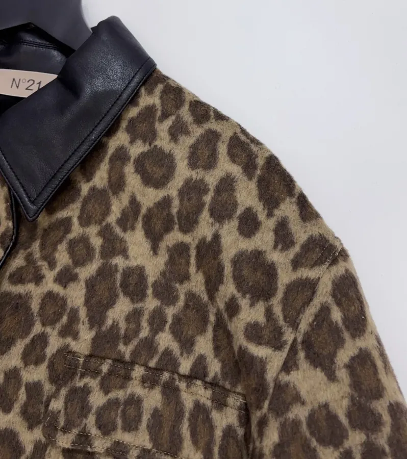 Wool-Blend Multi-Pocket Lapel Zip-Up Jacket in Leopard Brown, product view 03