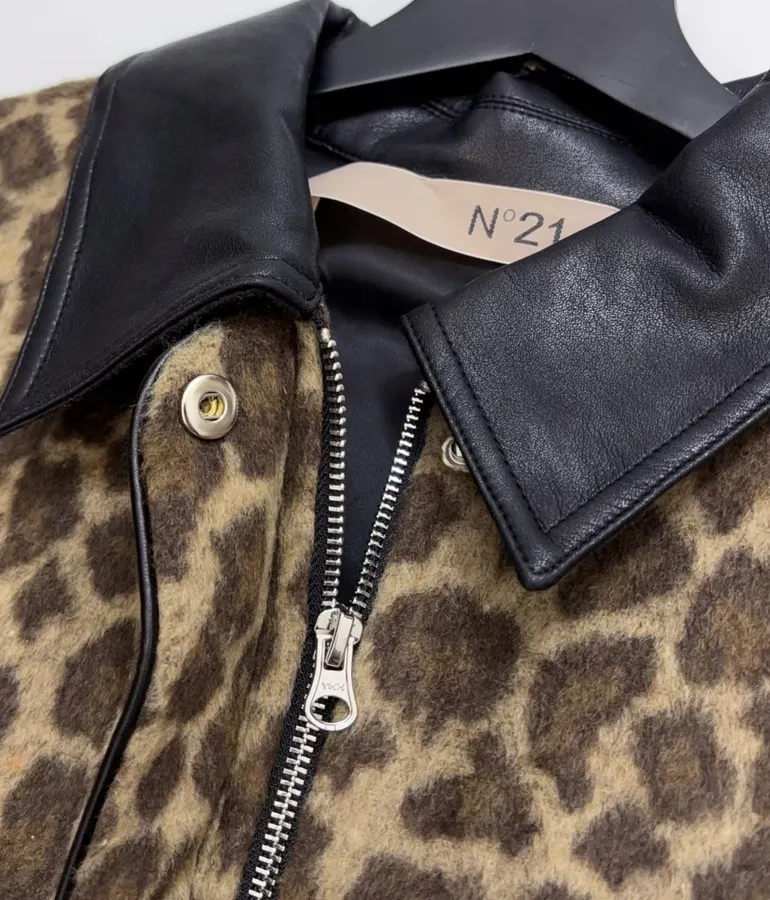 Wool-Blend Multi-Pocket Lapel Zip-Up Jacket in Leopard Brown, product view 04