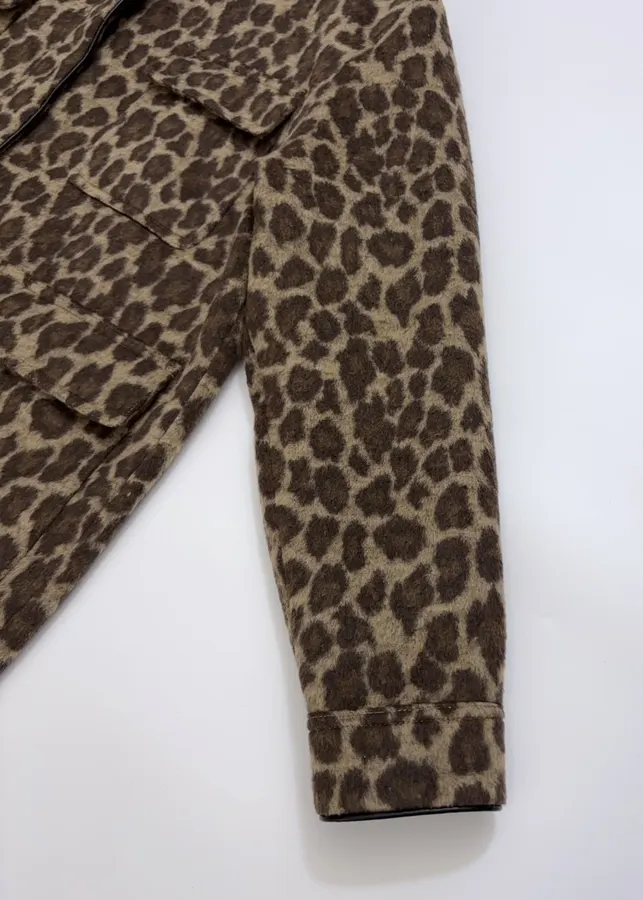 Wool-Blend Multi-Pocket Lapel Zip-Up Jacket in Leopard Brown, product view 06