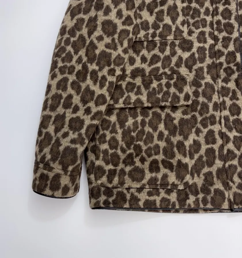 Wool-Blend Multi-Pocket Lapel Zip-Up Jacket in Leopard Brown, product view 08
