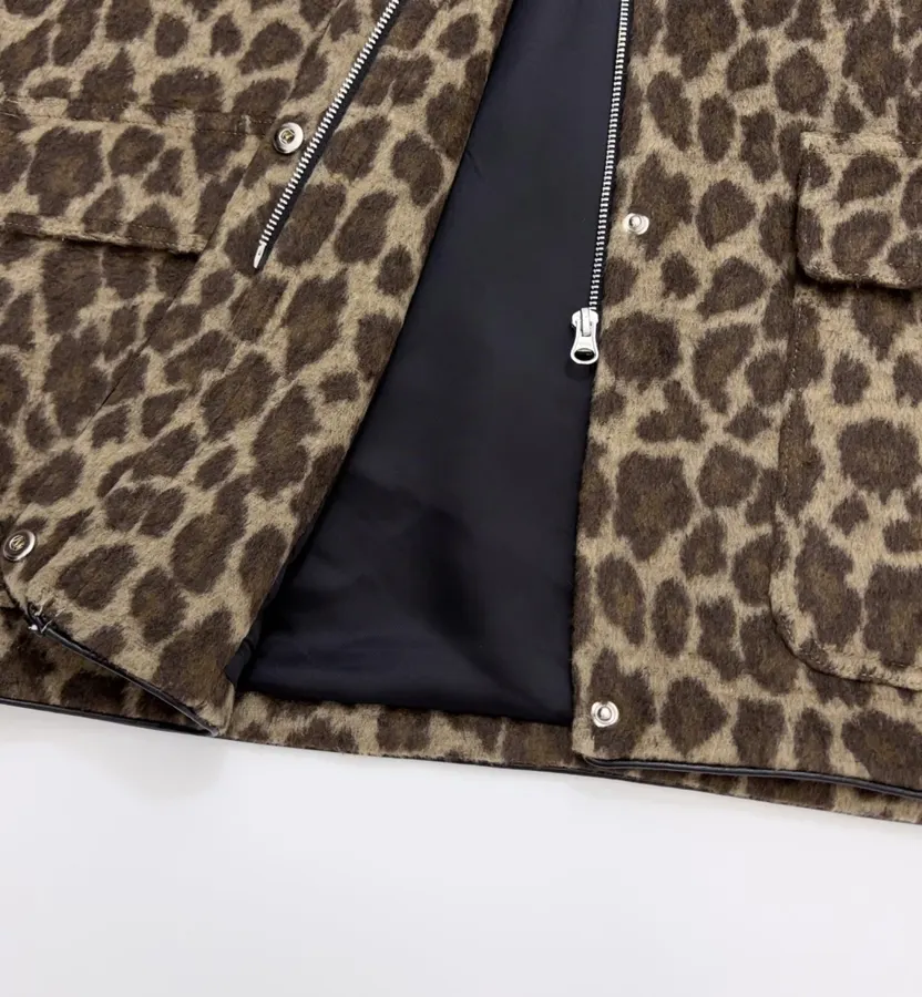 Wool-Blend Multi-Pocket Lapel Zip-Up Jacket in Leopard Brown, product view 10