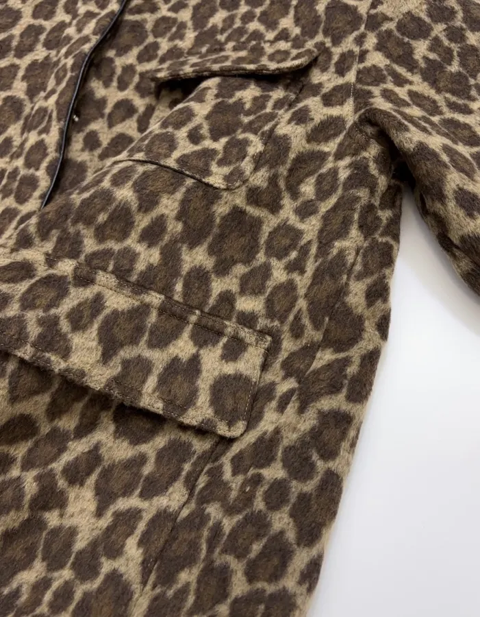 Wool-Blend Multi-Pocket Lapel Zip-Up Jacket in Leopard Brown, product view 12