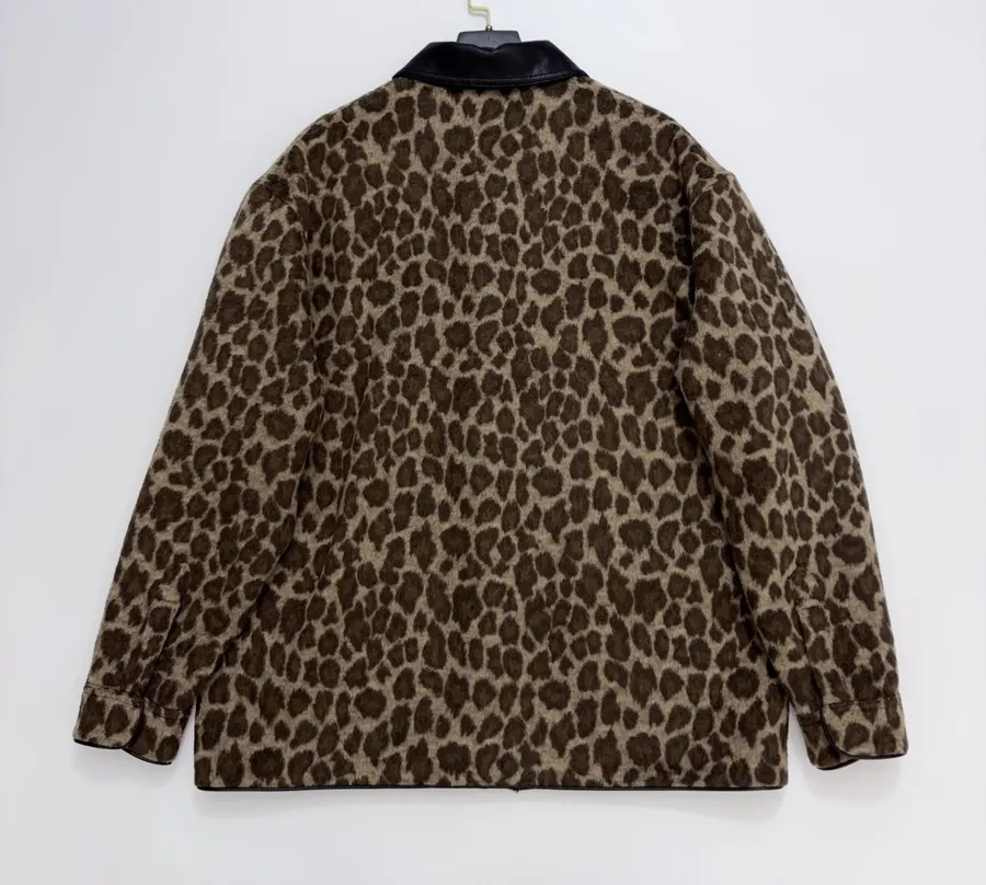 Wool-Blend Multi-Pocket Lapel Zip-Up Jacket in Leopard Brown, product view 14