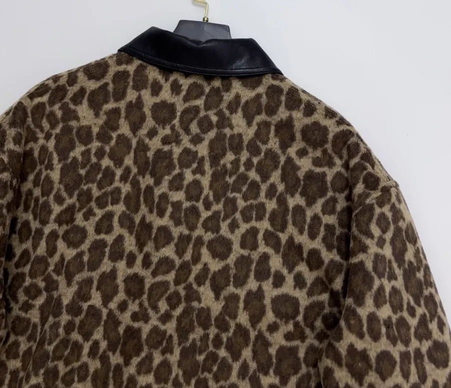 Wool-Blend Multi-Pocket Lapel Zip-Up Jacket in Leopard Brown, product view 15