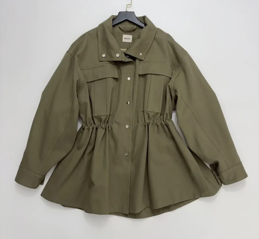 Waist-Cinching Retro Workwear-Style Khaki Green Stand-Collar Coat Short Trench Coat in Khaki, product view