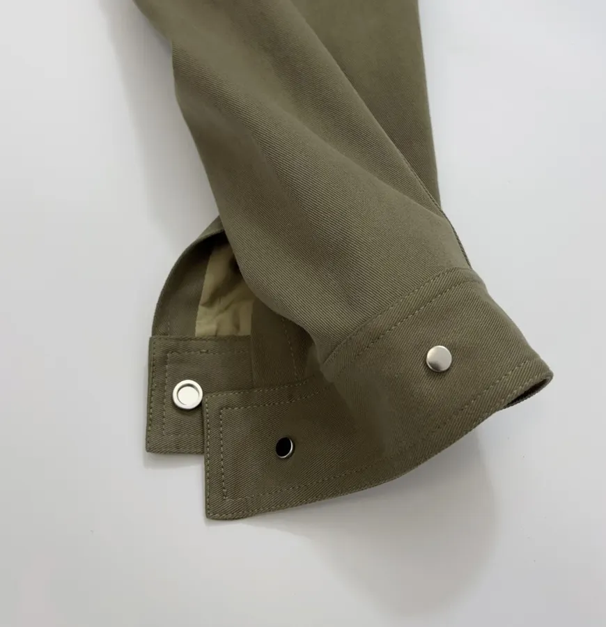 Waist-Cinching Retro Workwear-Style Khaki Green Stand-Collar Coat Short Trench Coat in Khaki, product view 06