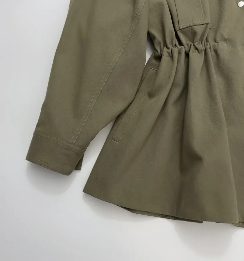 Waist-Cinching Retro Workwear-Style Khaki Green Stand-Collar Coat Short Trench Coat in Khaki, product view 07