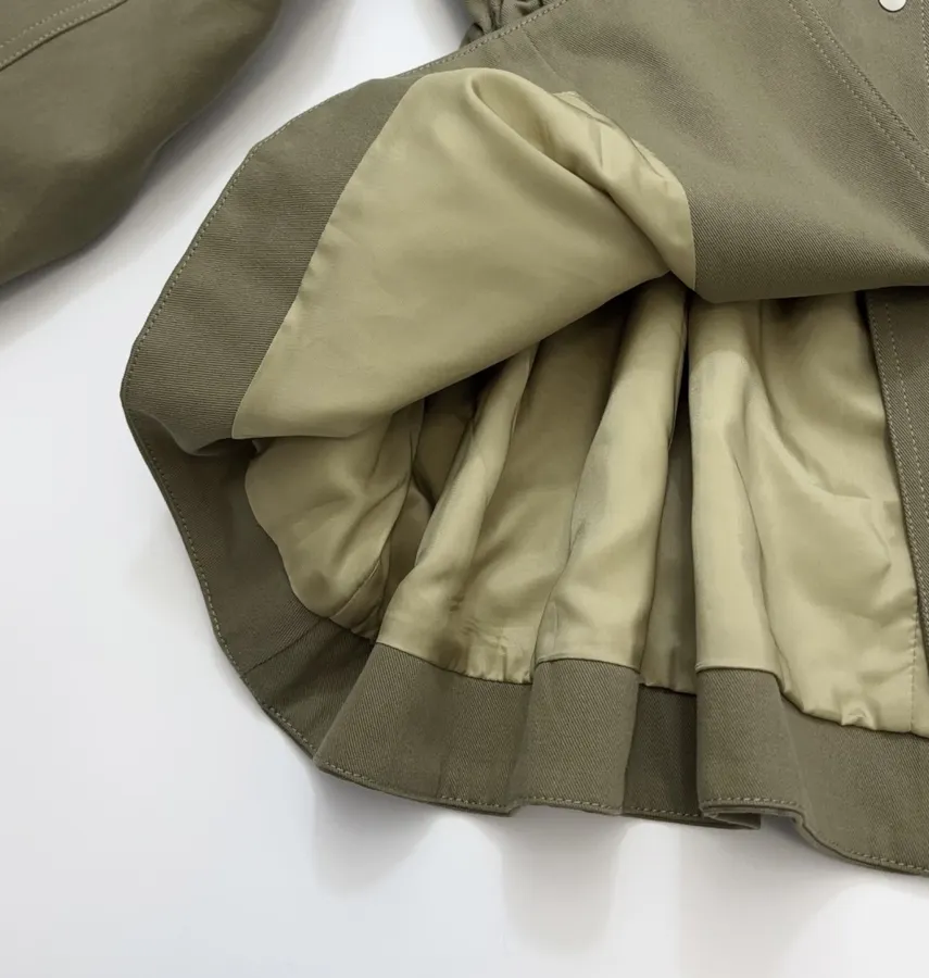 Waist-Cinching Retro Workwear-Style Khaki Green Stand-Collar Coat Short Trench Coat in Khaki, product view 09
