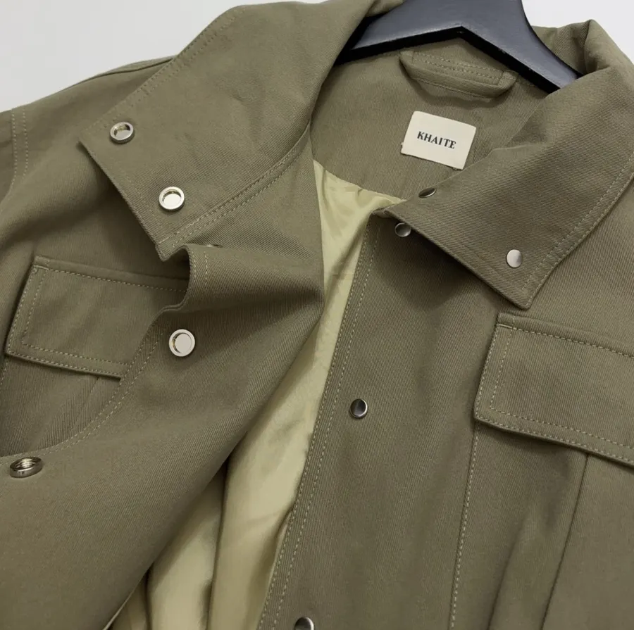 Waist-Cinching Retro Workwear-Style Khaki Green Stand-Collar Coat Short Trench Coat in Khaki, product view 10