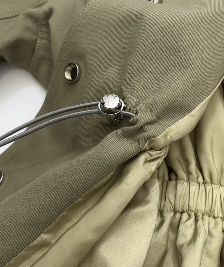 Waist-Cinching Retro Workwear-Style Khaki Green Stand-Collar Coat Short Trench Coat in Khaki, product view 11