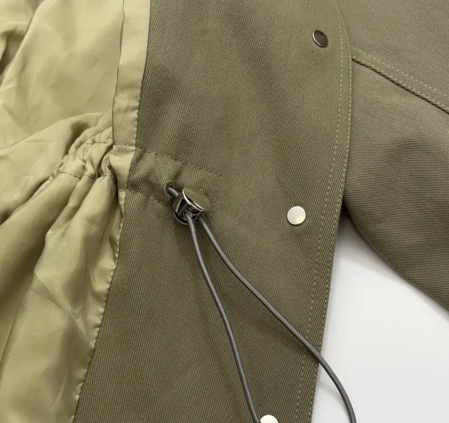 Waist-Cinching Retro Workwear-Style Khaki Green Stand-Collar Coat Short Trench Coat in Khaki, product view 12