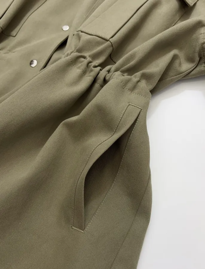 Waist-Cinching Retro Workwear-Style Khaki Green Stand-Collar Coat Short Trench Coat in Khaki, product view 13