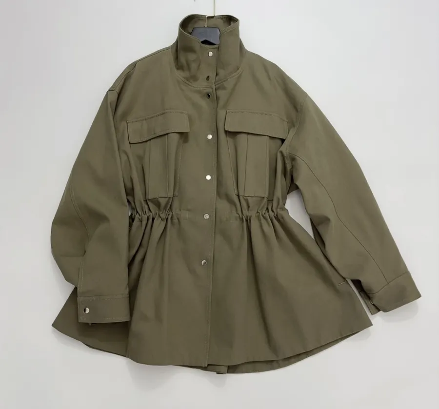 Waist-Cinching Retro Workwear-Style Khaki Green Stand-Collar Coat Short Trench Coat in Khaki, product view 14