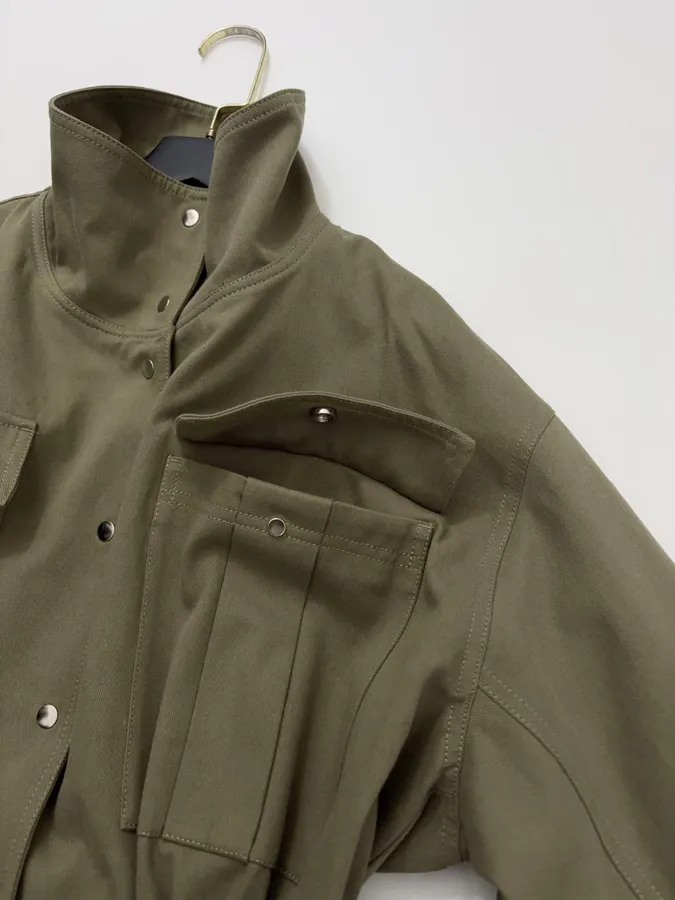 Waist-Cinching Retro Workwear-Style Khaki Green Stand-Collar Coat Short Trench Coat in Khaki, product view 15