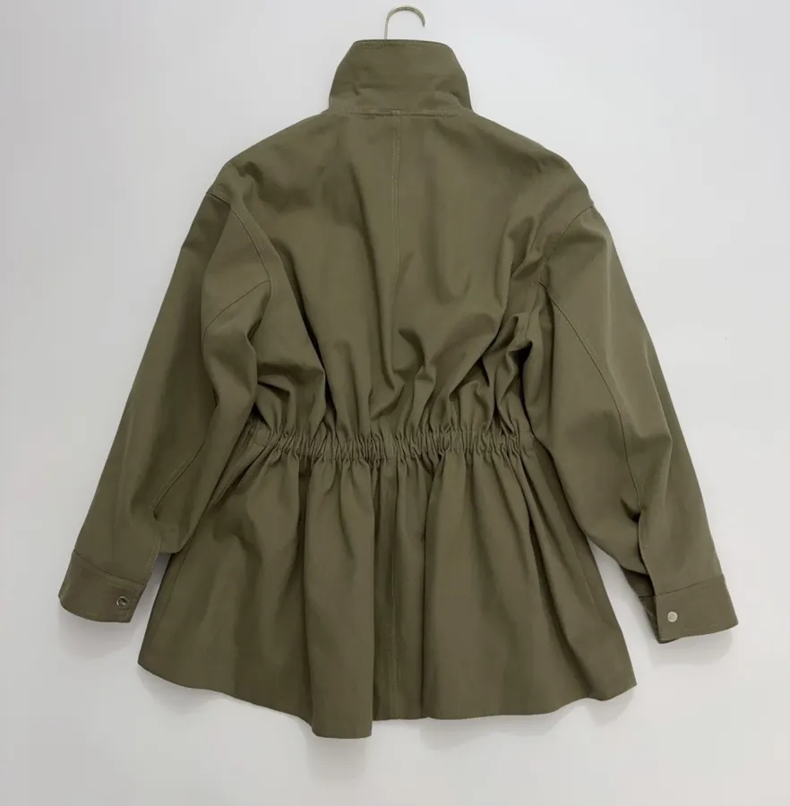Waist-Cinching Retro Workwear-Style Khaki Green Stand-Collar Coat Short Trench Coat in Khaki, product view 16
