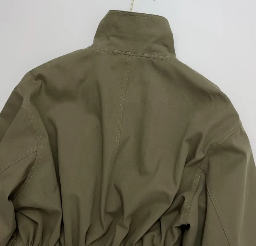 Waist-Cinching Retro Workwear-Style Khaki Green Stand-Collar Coat Short Trench Coat in Khaki, product view 17