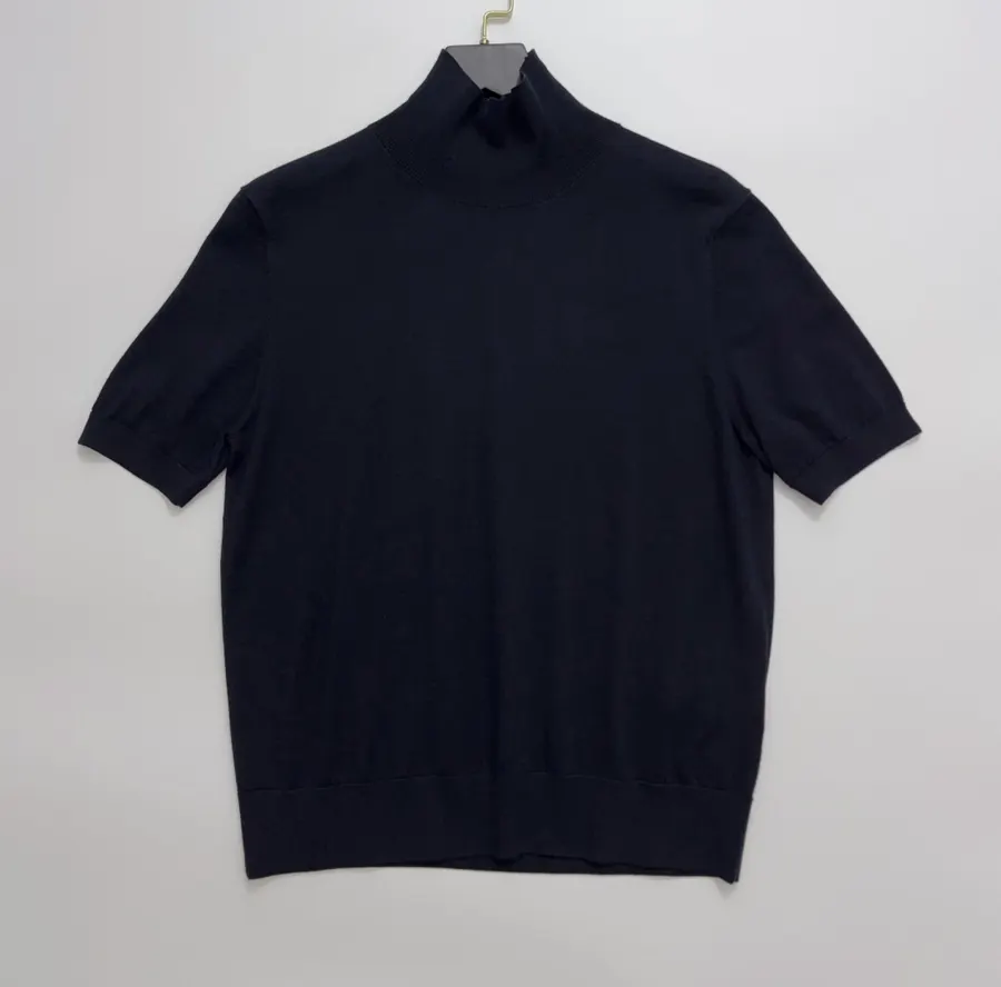 Lightweight Wool-Silk Turtleneck Knit Top in Navy, product view 01