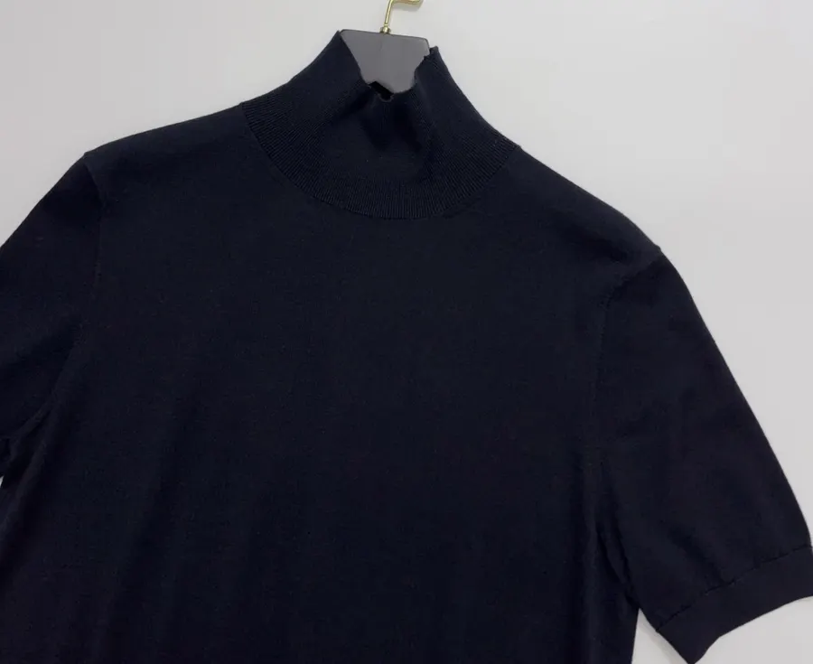 Lightweight Wool-Silk Turtleneck Knit Top in Navy, product view 02