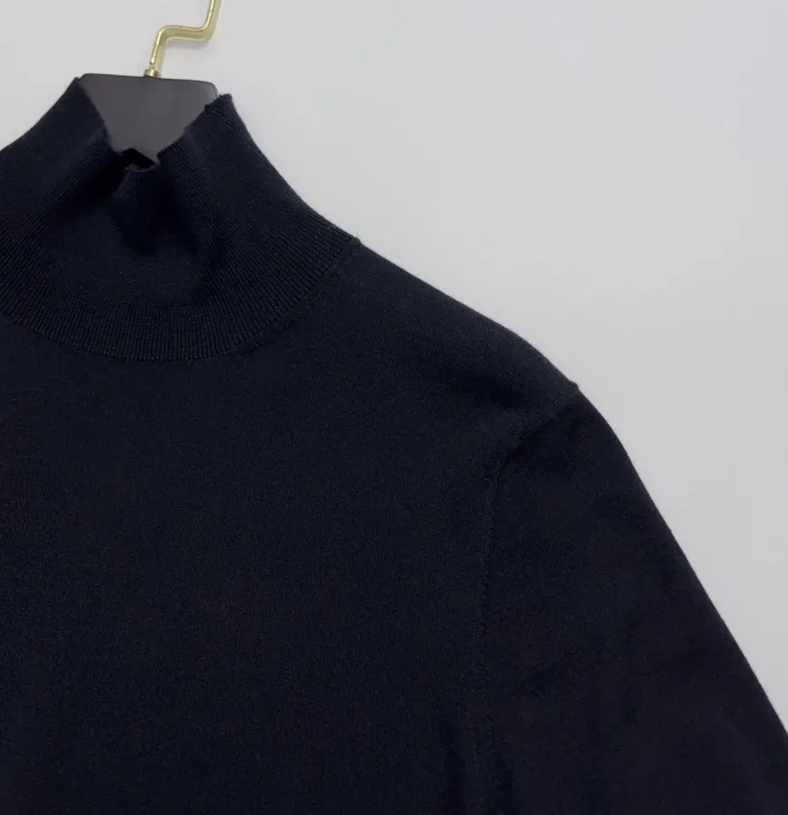 Lightweight Wool-Silk Turtleneck Knit Top in Navy, product view 03
