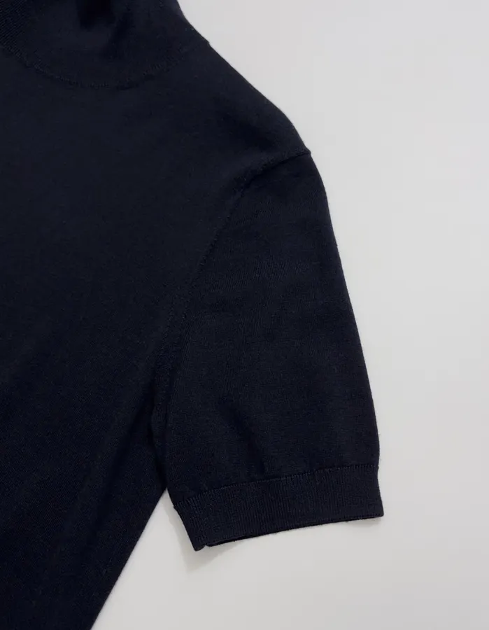 Lightweight Wool-Silk Turtleneck Knit Top in Navy, product view 04