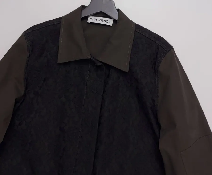 Niche Workwear-style Flap Pocket Lapel Lace-spliced Jacket Coat in Black, product view 02