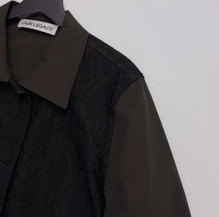 Niche Workwear-style Flap Pocket Lapel Lace-spliced Jacket Coat in Black, product view 03