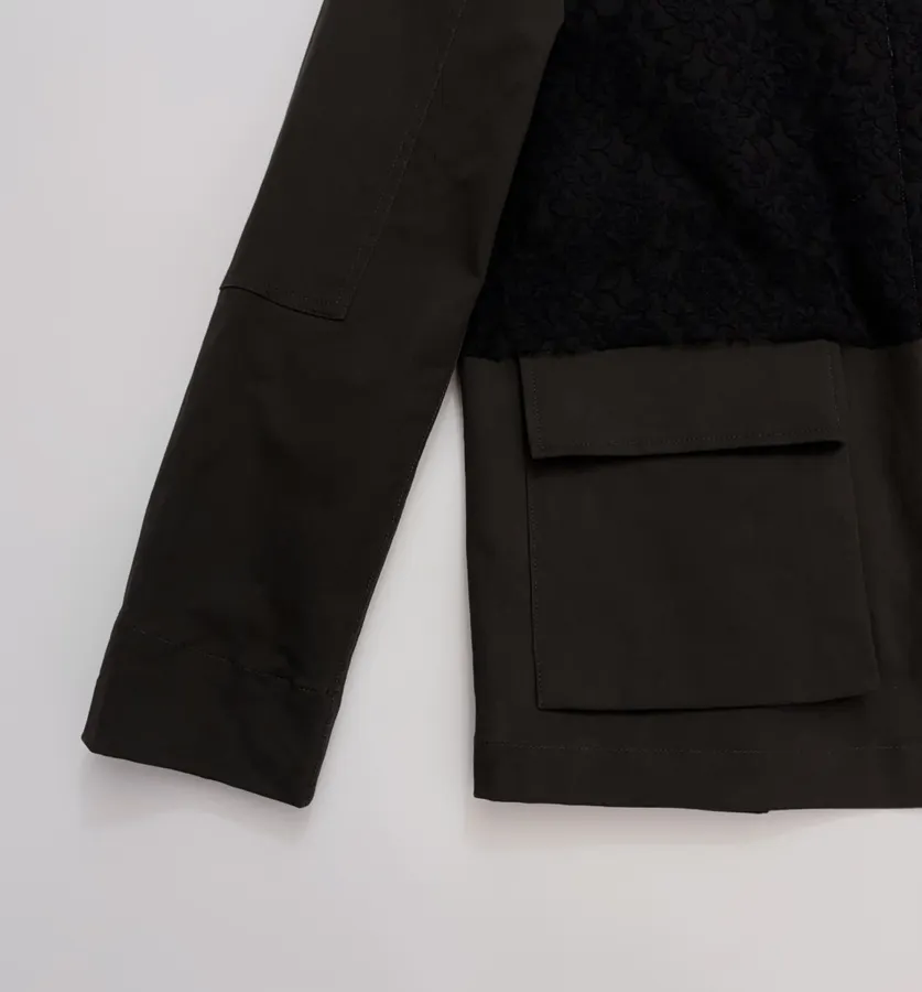 Niche Workwear-style Flap Pocket Lapel Lace-spliced Jacket Coat in Black, product view 07