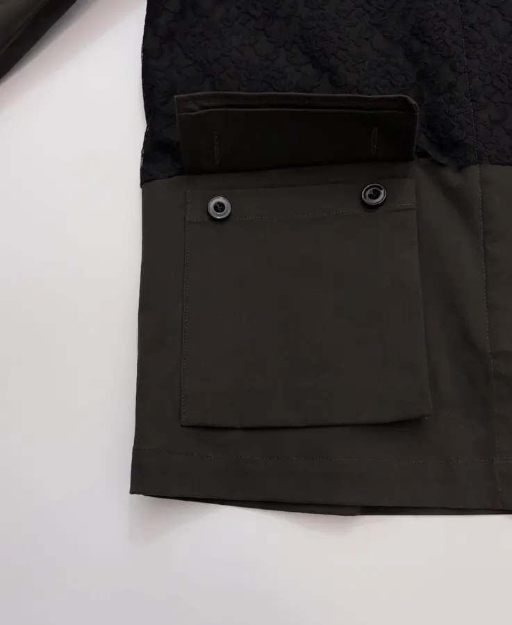 Niche Workwear-style Flap Pocket Lapel Lace-spliced Jacket Coat in Black, product view 08