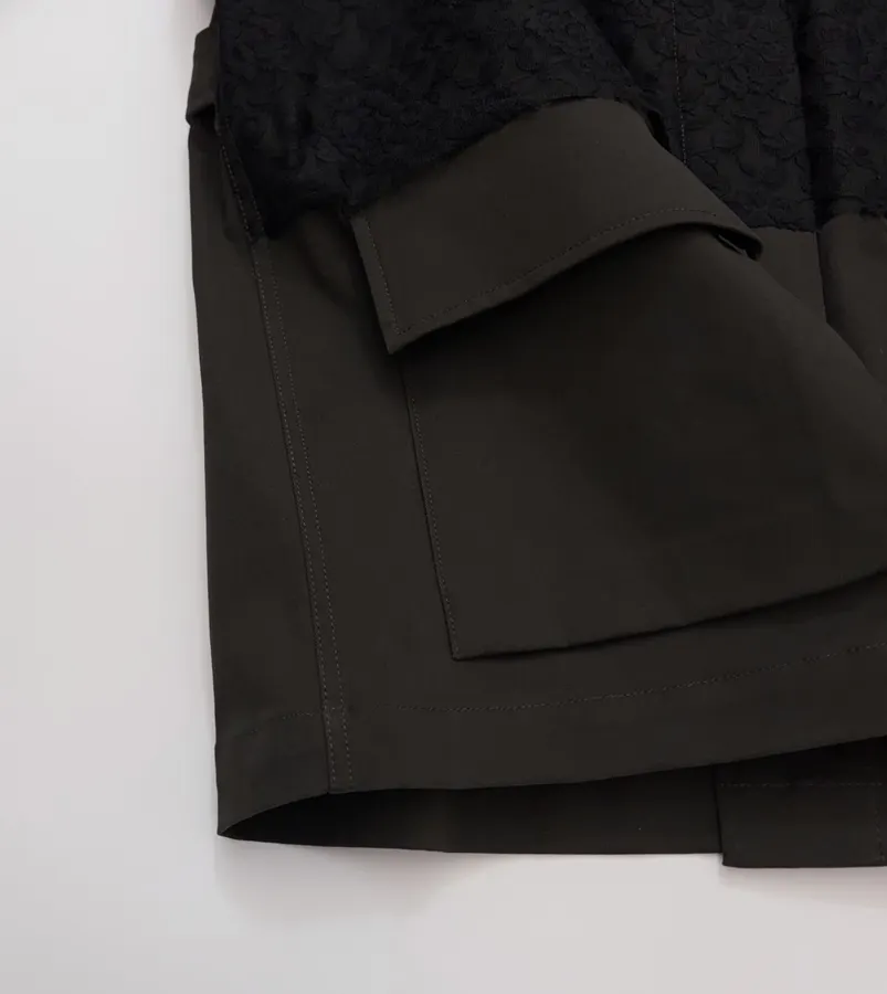 Niche Workwear-style Flap Pocket Lapel Lace-spliced Jacket Coat in Black, product view 09