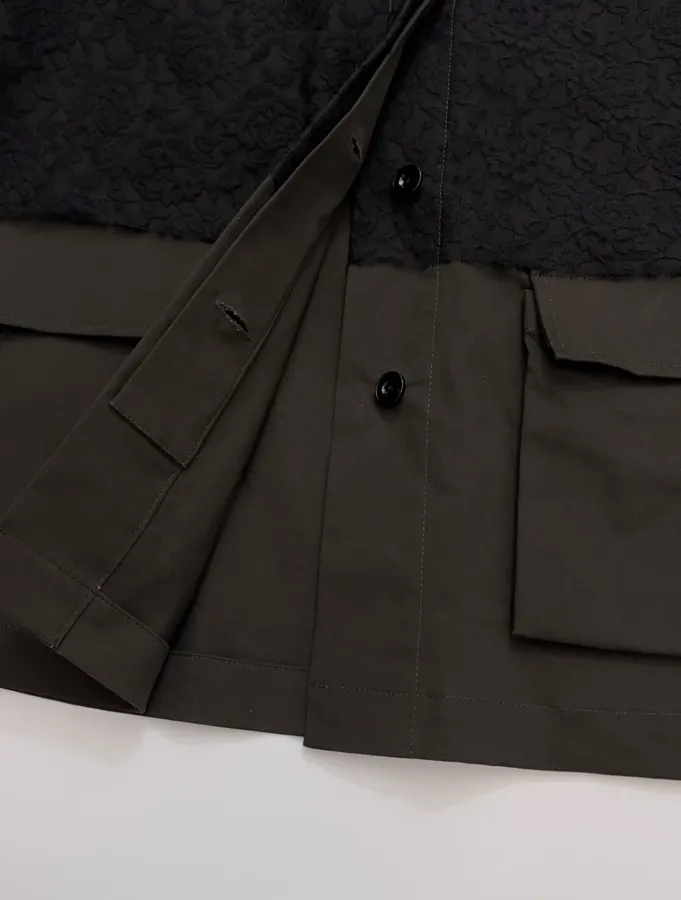 Niche Workwear-style Flap Pocket Lapel Lace-spliced Jacket Coat in Black, product view 10