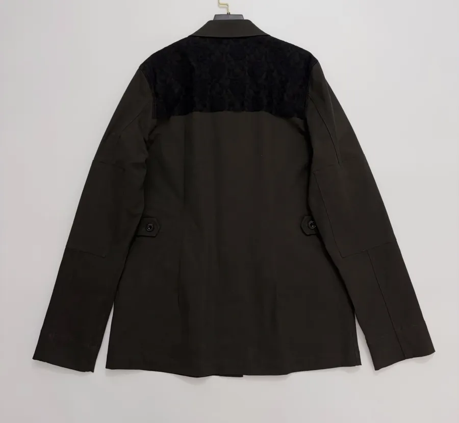 Niche Workwear-style Flap Pocket Lapel Lace-spliced Jacket Coat in Black, product view 12