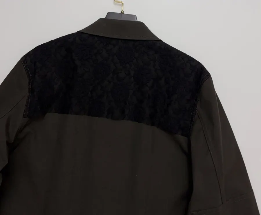Niche Workwear-style Flap Pocket Lapel Lace-spliced Jacket Coat in Black, product view 13