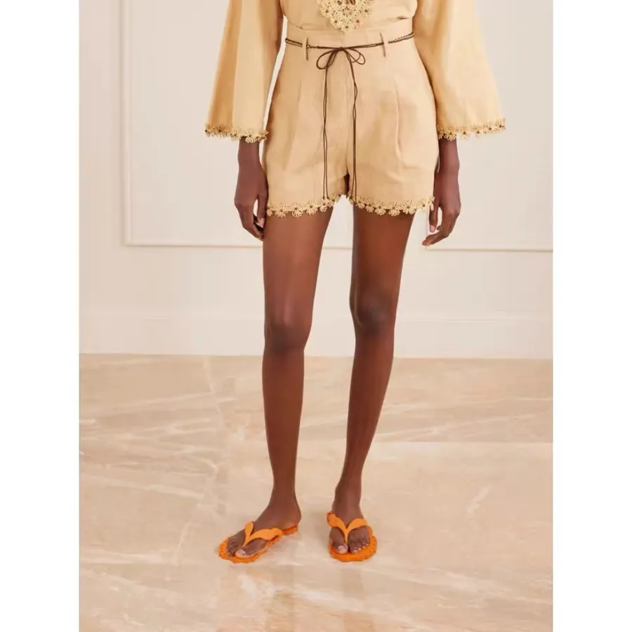 High-Waisted Flared Cotton Shorts in Beige, product view 03