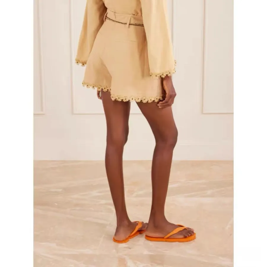 High-Waisted Flared Cotton Shorts in Beige, product view 04