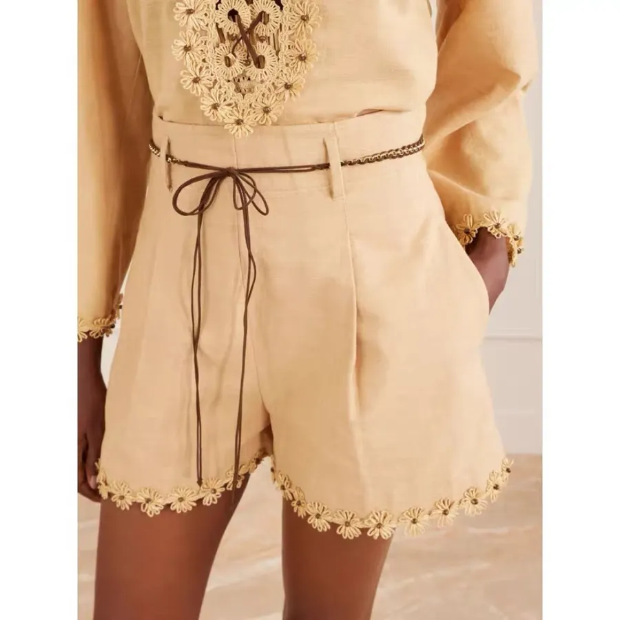 High-Waisted Flared Cotton Shorts in Beige, product view 05