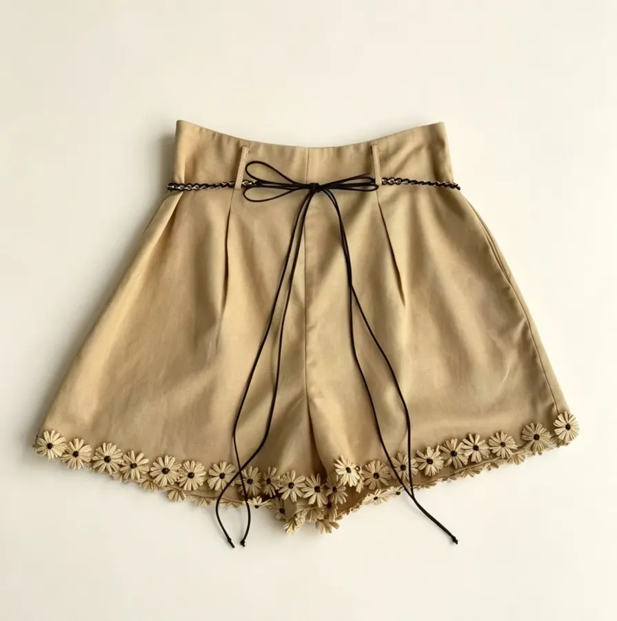High-Waisted Flared Cotton Shorts in Beige, product view 06