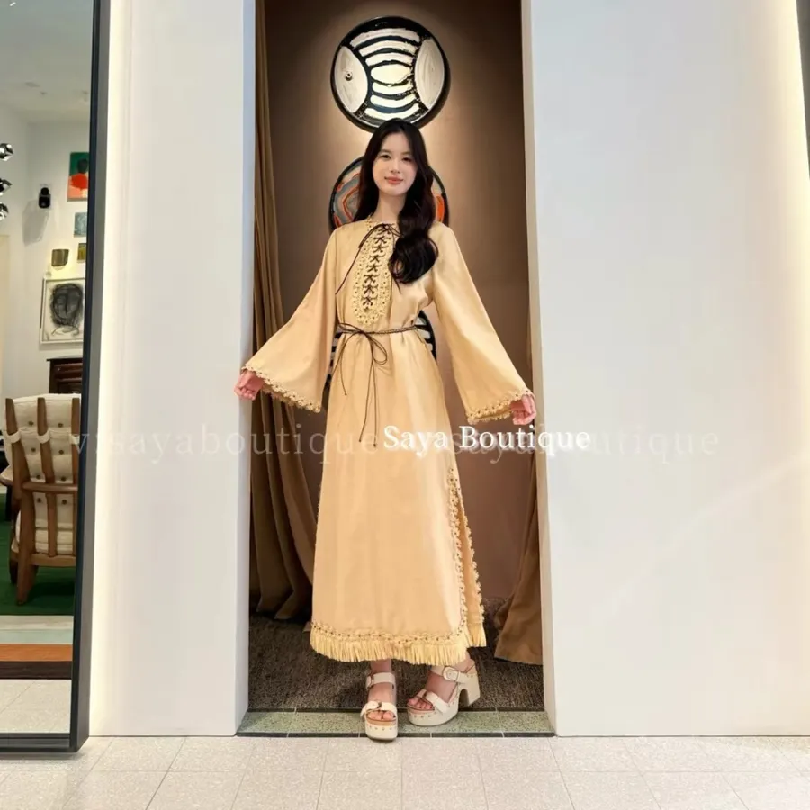 Beige Organic-Cotton Bell-Sleeve Dress in Beige, product view 01